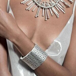 Untamed Hearts Perforated Metal Sheets Wide Cuff Bracelet Silver Tone